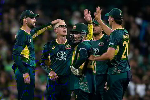 AUS vs PAK 2nd T20I: Australia's Adam Zampa, second left, celebrates with teammates the wicket of Pakistan's Naseem Shah