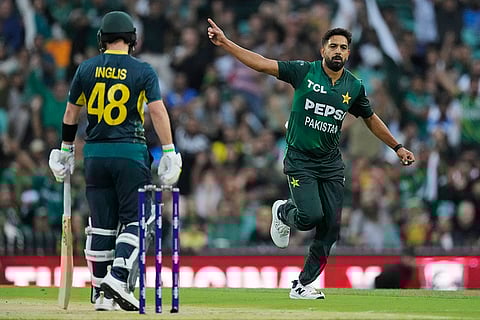 AUS vs PAK 2nd T20I: Pakistan's Haris Rauf celebrates the wicket of Australia's captain Josh Inglis