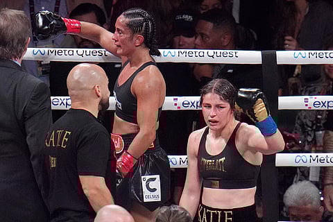 Serrano vs Taylor Boxing: Amanda Serrano, left, and Katie Taylor react after their bout