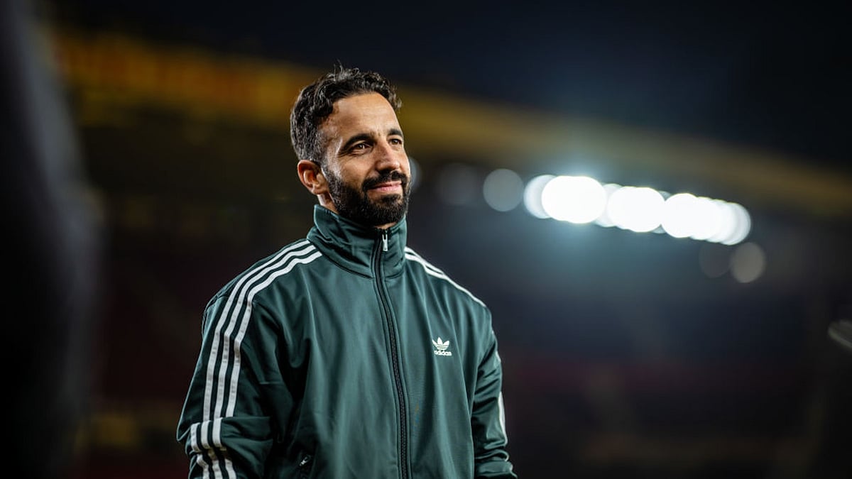Ruben Amorim poses at Old Trafford - null