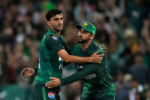 AUS vs PAK 2nd T20I: Pakistan's Sufiyan Muqeem is congratulated by Salman Ali Agha after taking the wicket of Australia's Marcus Stoinis