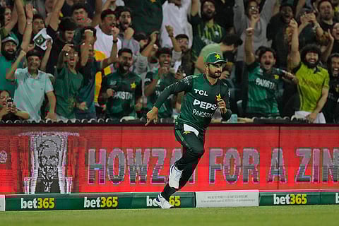 AUS vs PAK 2nd T20I: Pakistan's Sahibzada Farhan celebrates after taking the catch to get Australia's Glenn Maxwell