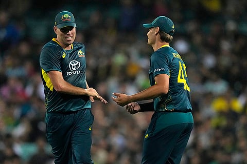 AUS vs PAK 2nd T20I: Australia's Spencer Johnson, right, is congratulated by teammate Xavier Bartlett for taking five wickets