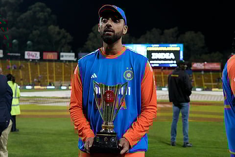 IND vs SA 4th T20: India's Varun Chakravarthy poses with the Game Changer of the Series trophy
