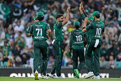 AUS vs PAK 2nd T20I: Pakistan's Haris Rauf, third right, celebrates the wicket of Australia's Jake Fraser-McGurk