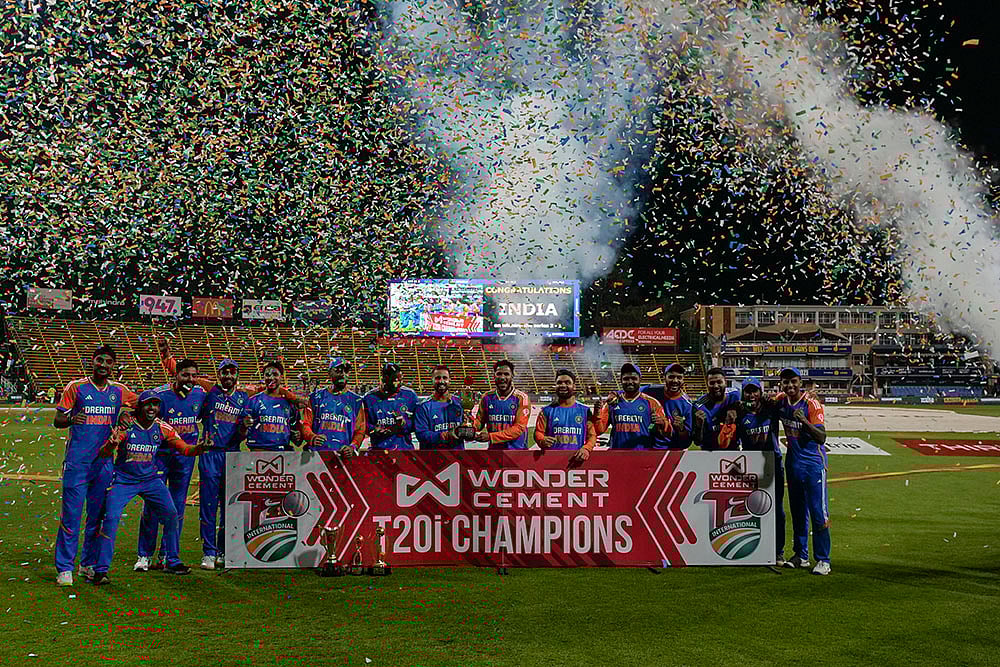 IND vs SA 4th T20: Indian players celebrate with the winners trophy - | Photo: AP/Themba Hadebe