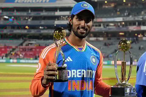 IND vs SA 4th T20: India's Tilak Varma poses with the Player of the Match and Player of the Series trophies