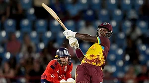 AP : Sherfane Rutherford hits the winning six for West Indies against England in the fourth T20I at the Daren Sammy National Cricket Stadium in Gros Islet, St. Lucia.