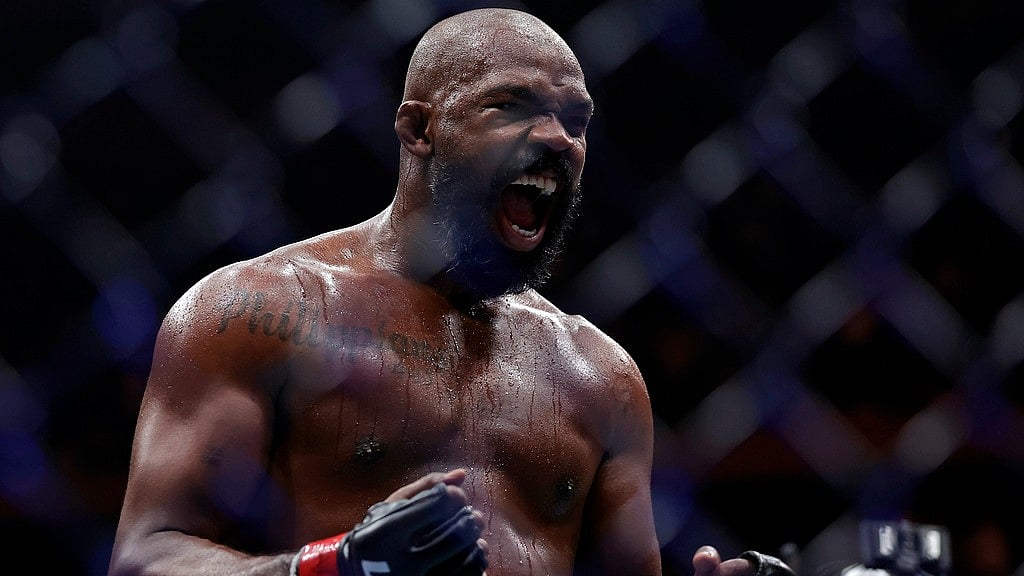 Photo: AP/Adam Hunger : Jon Jones reacts after defeating Stipe Miocic in the UFC 309 heavyweight title bout in New York on Sunday (November 17, 2024).