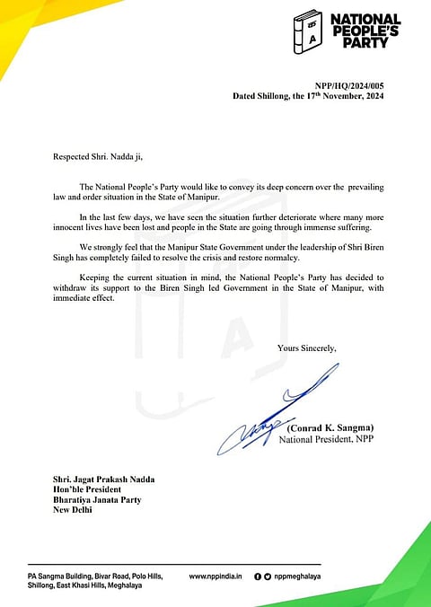 The NPP's letter to the BJP president JP Nadda.