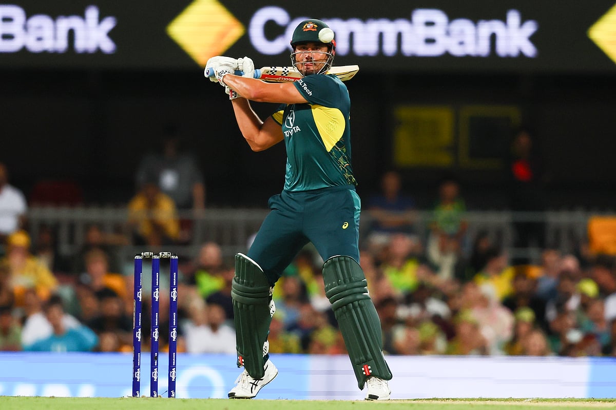 (AP Photo/Tertius Pickard) : Australia's Marcus Stoinis bats during the T20 cricket international between Pakistan and Australia at the Gabba in Brisbane, Australia, Thursday, Nov. 14, 2024. 
