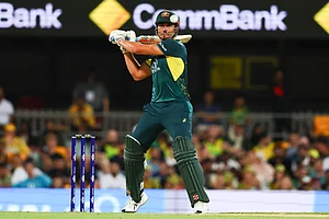(AP Photo/Tertius Pickard) : Australia's Marcus Stoinis bats during the T20 cricket international between Pakistan and Australia at the Gabba in Brisbane, Australia, Thursday, Nov. 14, 2024.