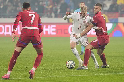 Nations League Soccer: Serbia's Strahinja Pavlovic holds Denmark's Albert Gronbaek