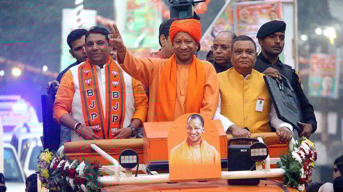 PTI : Uttar Pradesh Chief Minister Yogi Adityanath during a roadshow in support of BJP candidate Sanjeev Sharma ahead of the Ghaziabad Assembly constituency bypoll, at Vijaynagar in Ghaziabad, Uttar Pradesh, Saturday, Nov. 16, 2024.