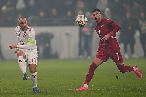 Nations League Soccer: Denmark's Christian Eriksen passes the ball by Serbia's Aleksa Terzic