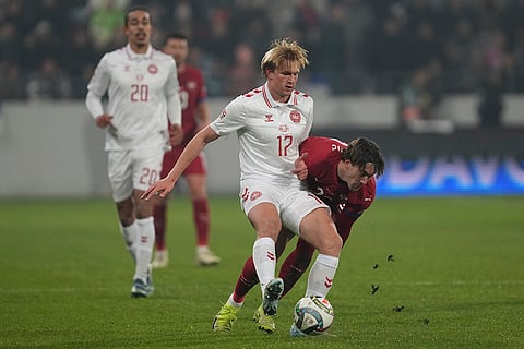 Nations League Soccer: Denmark's Victor Kristiansen, left, and Serbia's Dusan Vlahovic fight for the ball