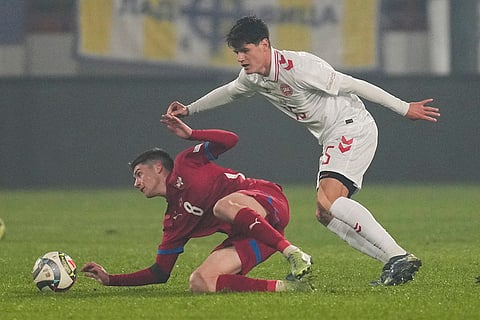 Nations League Soccer: Serbia's Andrija Maksimovic falls in front of Denmark's Christian Norgaard