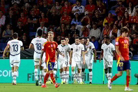 Nations League Soccer: Switzerland's Joel Monteiro celebrates with team mates his side's first goal