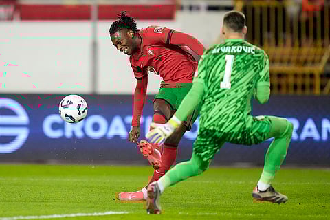 Nations League Soccer: Portugal's Rafael Leao takes a shot at goal as Croatia's goalkeeper Dominik Kotarski attempts to save