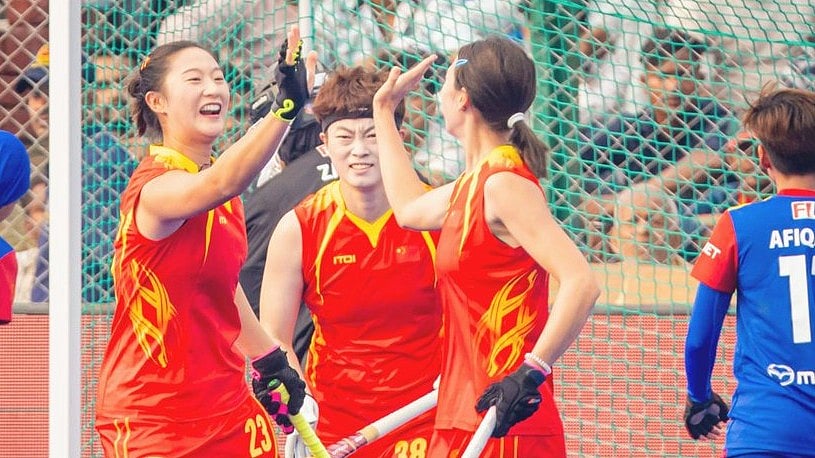 X | Asian Hockey Federation  : China celebrate win over Malaysia at the Women's Asian Champions Trophy 2024 semi-final hockey match in Rajgir, Bihar. 