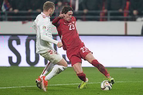 Nations League Soccer: Serbia's Dusan Vlahovic in action by Denmark's Victor Nelsson