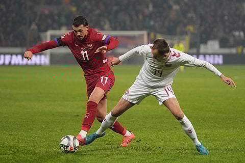 Nations League Soccer: Serbia's Lazar Samardzic, left, and Denmark's Mikkel Damsgaard fight for the ball