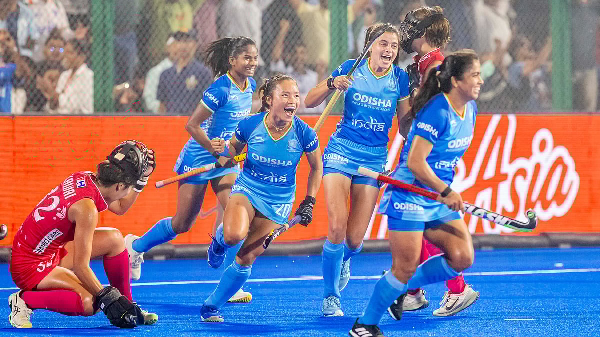 Photo: Hockey India : India celebrate a goal during their 3-0 win over Japan in the group stage of Women's Asian Champions Trophy 2024 in Rajgir, Bihar.