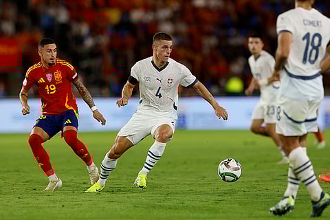 Nations League Soccer: Switzerland's Miro Muheim fights for the ball against Spain's Yeremy Pino