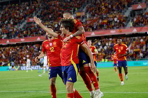 Nations League Soccer: Spain's Bryan Gil celebrates his side's second goal