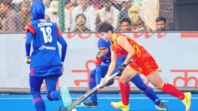 X | Asian Hockey Federation  : China and Malaysia in action at the Women's Asian Champions Trophy 2024 semi-finls match in Rajgir, Bihar.
