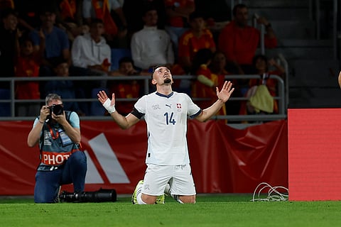 Nations League Soccer: Switzerland's Andi Zequiri celebrates after scoring his side second goal
