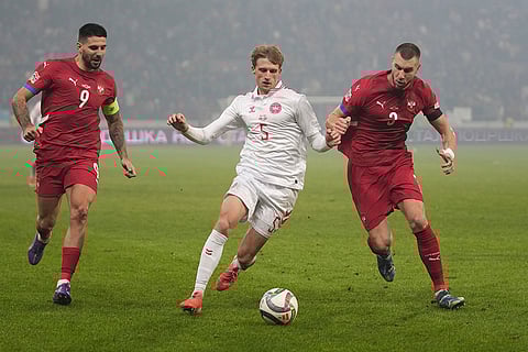 Nations League Soccer: Denmark's Mads Roerslev in action between Serbia's Aleksandar Mitrovic, left, and Strahinja Pavlovic