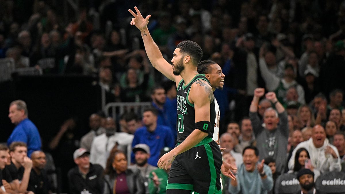 Jayson Tatum #0 of the Boston Celtics celebrates during the game against the Cleveland Cavaliers during the Emirates NBA Cup game on November 19, 2024 at TD Garden in Boston, Massachusetts.