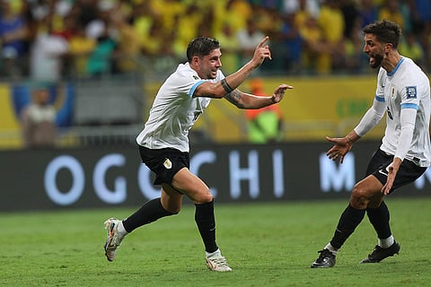 Football World Cup 2026 Qualifiers: Uruguay's Federico Valverde, left, celebrates scoring his side's opening goal against Brazil