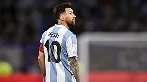 AP/Gustavo Garello : Lionel Messi walks off the field at the half time of a FIFA World Cup 2026 qualifying match against Peru at La Bombonera stadium in Buenos Aires.