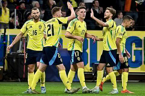 Nations League Soccer: Sweden players celebrate their side's second goal