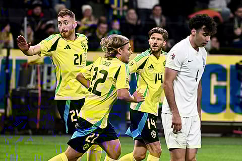 Nations League Soccer: Sweden's scorer Dejan Kulusevski, left, and his teammates celebrate the opening goal