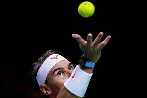 Davis Cup 2024 Finals: Rafael Nadal serves to Netherlands' Botic Van De Zandschulp