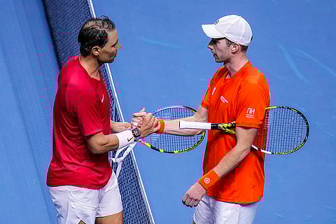Davis Cup 2024 Finals: Nadal shakes hands with Netherlands' Botic Van De Zandschulp