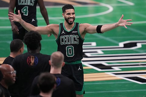 NBA Basketball: Celtics forward Jayson Tatum (0) celebrates during the second half
