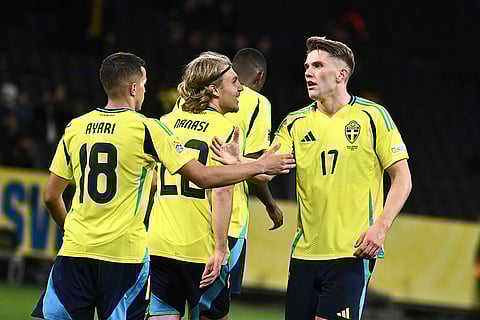 Nations League Soccer: Sweden's Viktor Gyoekeres, right, celebrates after scoring his side's third goal