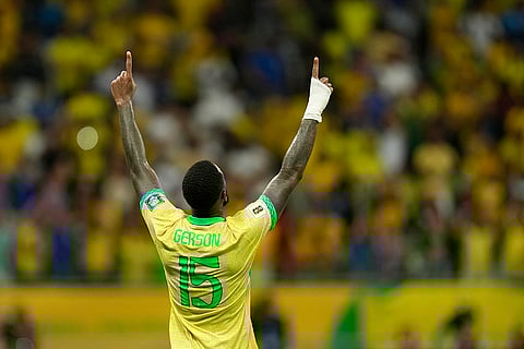 Football World Cup 2026 Qualifiers: Brazil's Gerson celebrates scoring his side's opening goal