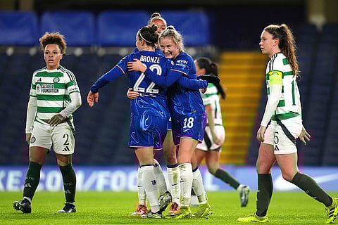 Women's Champions League: Chelsea's Wieke Kaptein, center right, celebrates scoring their side's second goal