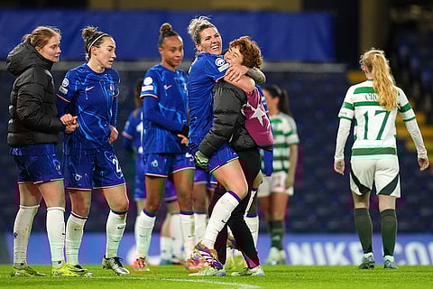 Women's Champions League: Chelsea's Millie Bright (left) and Maika Hamano celebrate following victory