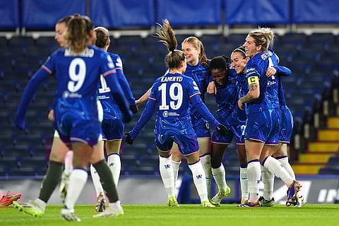 Women's Champions League: Chelsea's Lucy Bronze, second right celebrates scoring her side's first goal