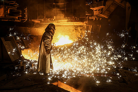 Russia Ukraine War 1000 Days: A metallurgist works at a blast furnace