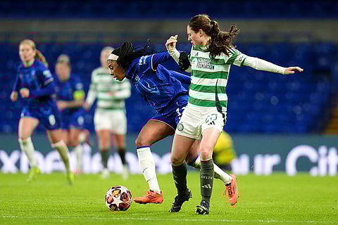 Women's Champions League: Chelsea's Ashley Lawrence, center and Celtic's Emma Lawton vie for the ball