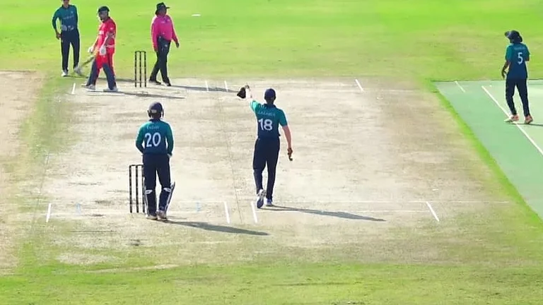 Action from the Bahrain vs Thailand match in T20 World Cup Asia Qualifier B. - FanCode screengrab