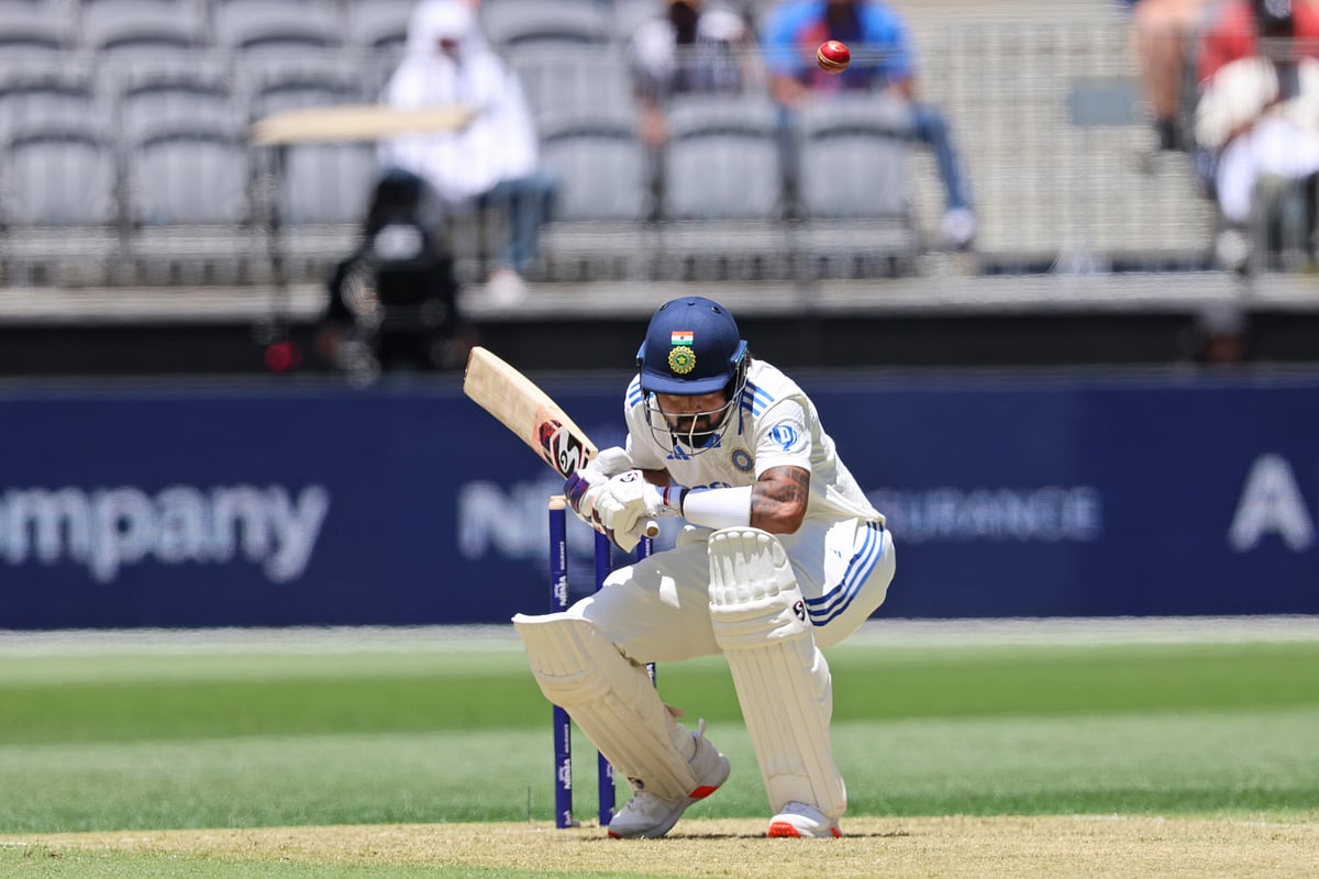 (AP Photo/Trevor Collens) : India's KL Rahul ducks to avoid a bouncer during play in the first cricket test between India and Australia in Perth, Australia, Friday, Nov. 22, 2024. 