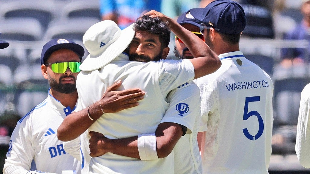 AP/Trevor Collens : India's captain Jasprit Bumrah celebrates the wicket of Australia's Alex Carey on the second day of the first Test in Perth.